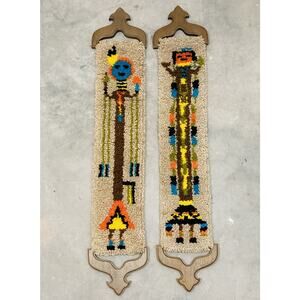 Set 2 Latch hook Wall Hanging Kachina Native American Yei Symbol 46" Vintage Blu